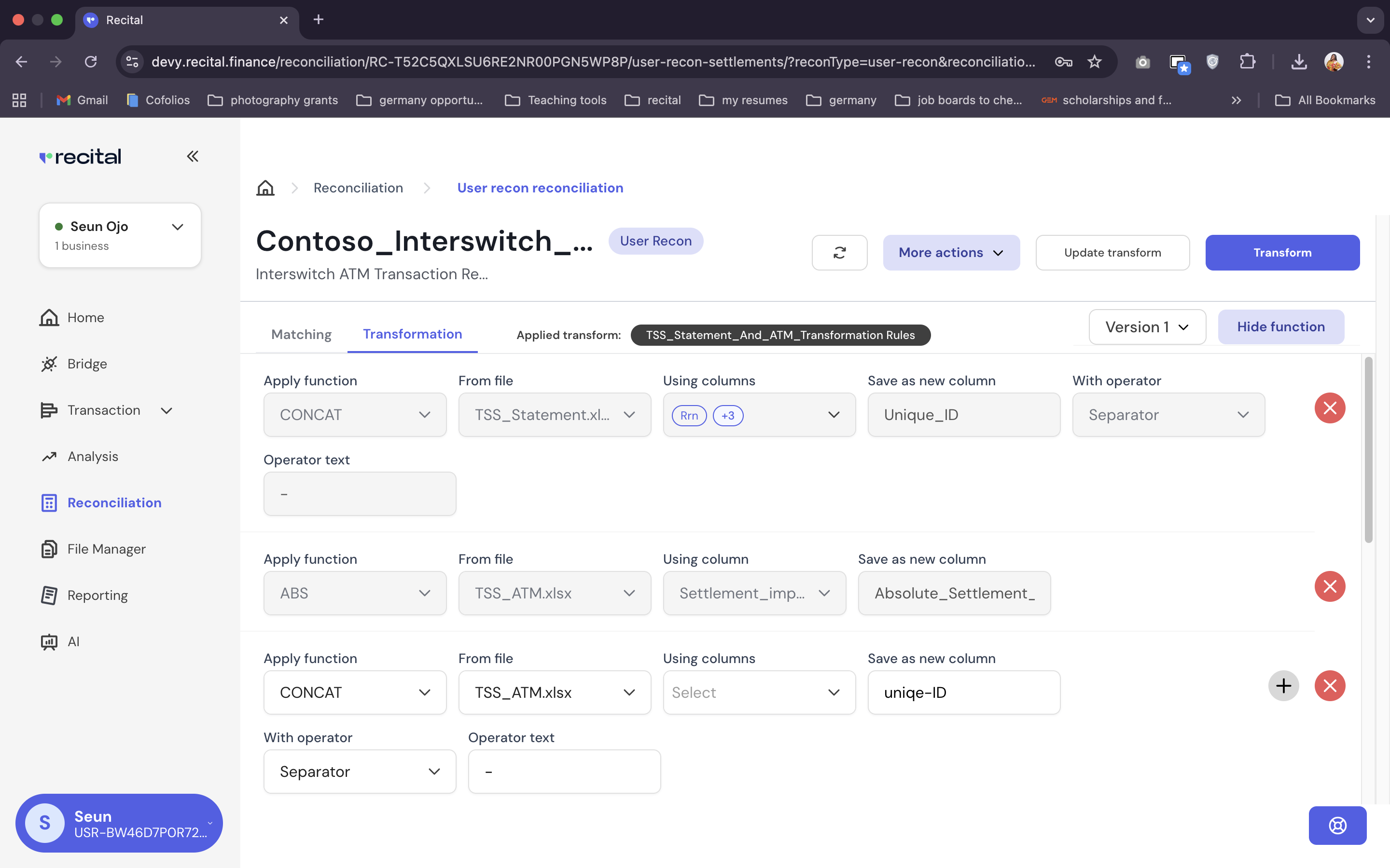 Reconciliation User Recon Matching Rule Filled