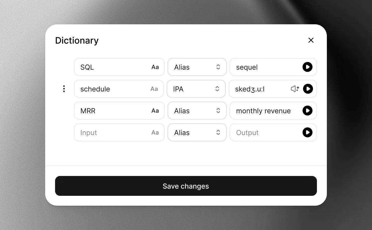 Dictionary with alias and IPA pronunciation entries and preview controls