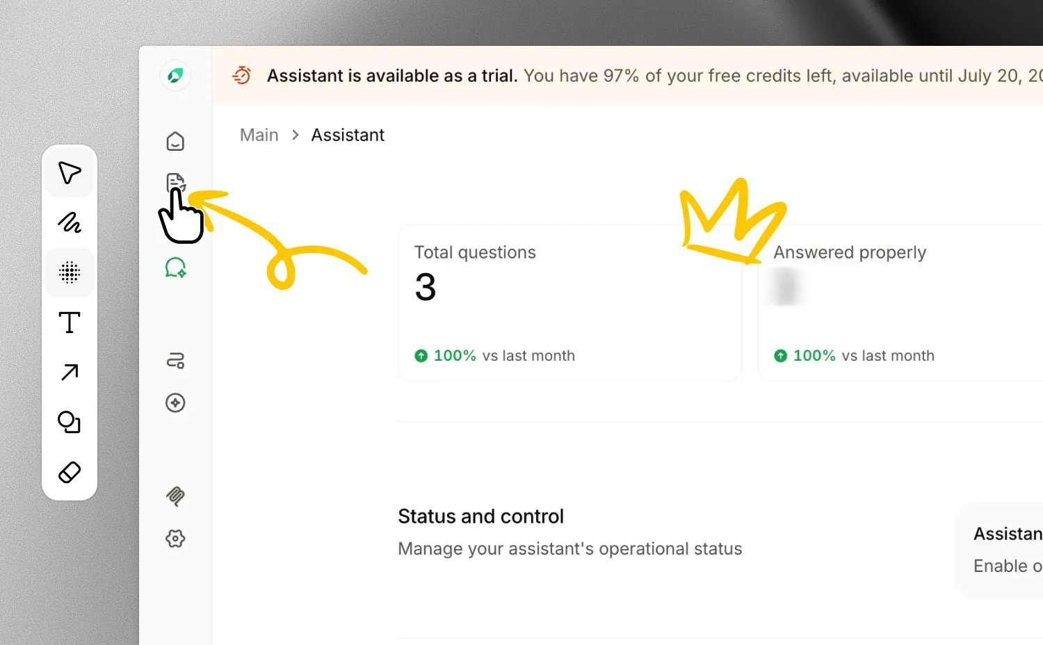 Image editor tool rail beside a screenshot with a blurred metric, a hand-drawn crown, and a curved arrow pointing to the cursor