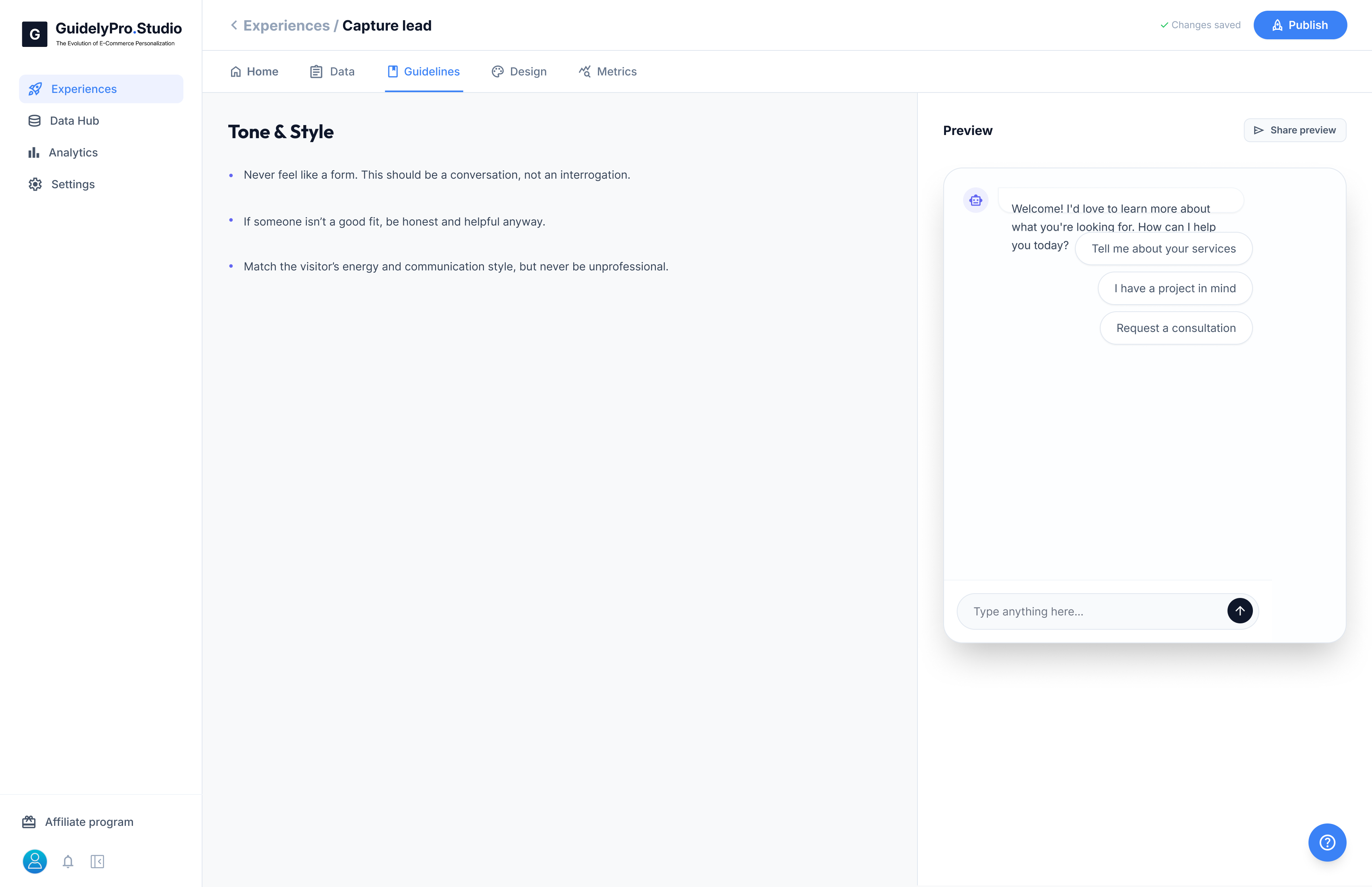 Dashboard Experiences Create Guidelines