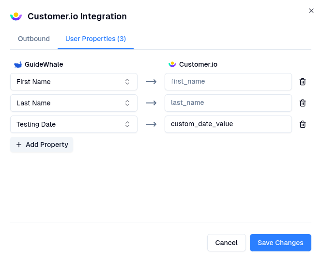 Customer.io integration user property map