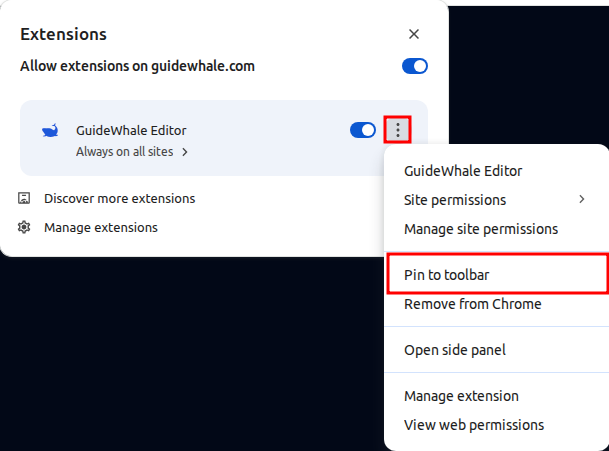 Pin extension to toolbar