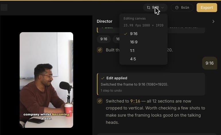 Editing canvas menu open in the top bar, listing 9:16, 16:9, 1:1 and 4:5