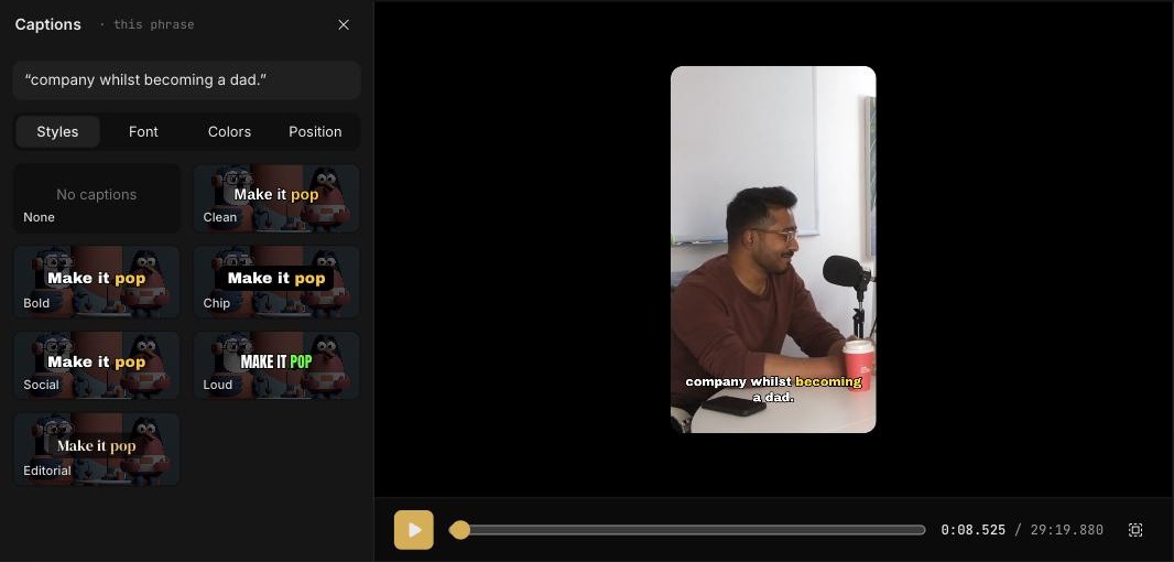 Captions panel open in the Smart Editor showing the style presets None, Clean, Bold, Chip, Social, Loud and Editorial