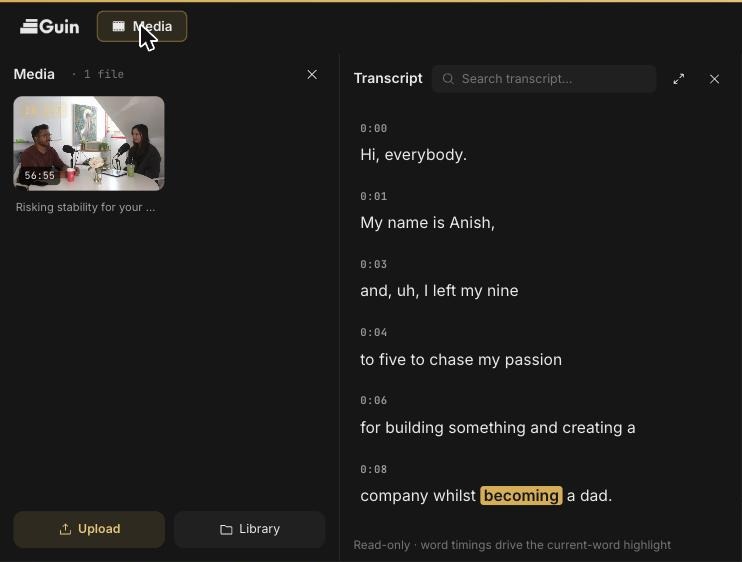 Media panel listing the project's footage with Upload and Library buttons, next to the transcript