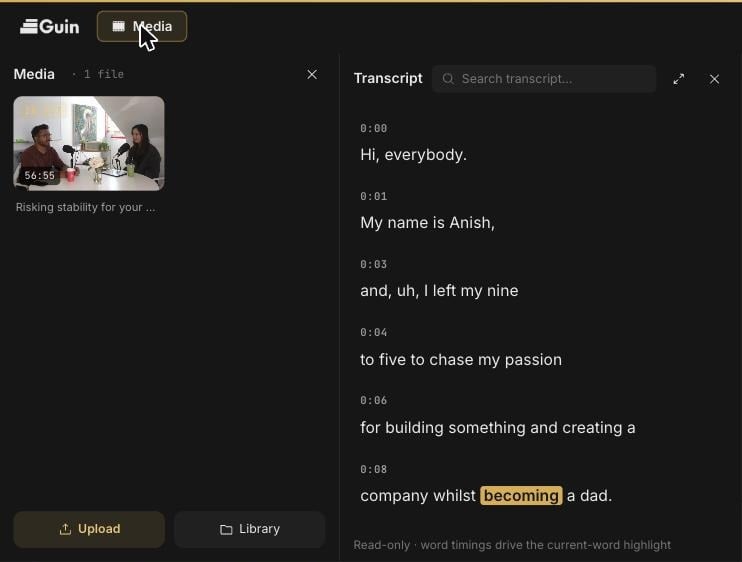 Media panel listing the project's footage with Upload and Library buttons, next to the transcript