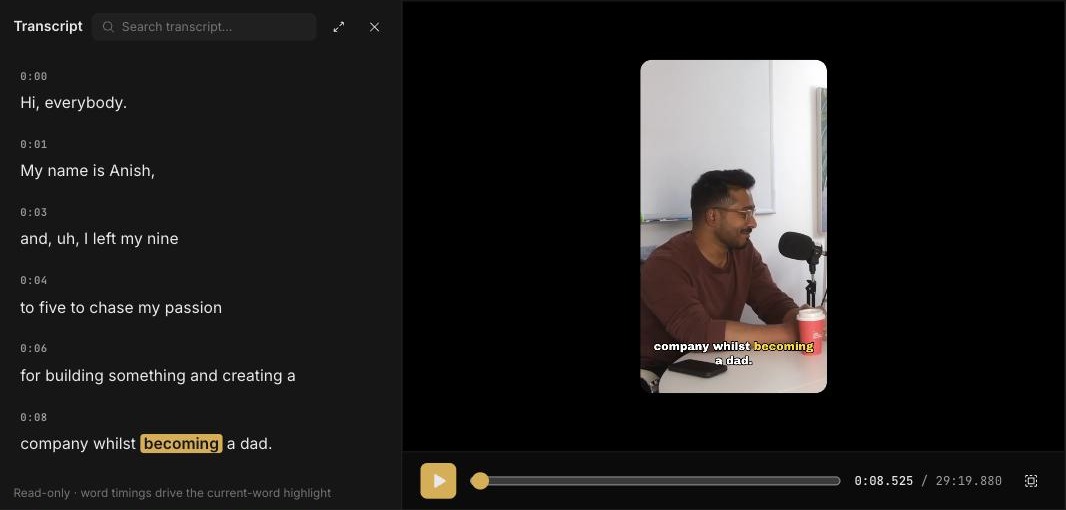 Transcript panel open beside the video preview, with the current word highlighted