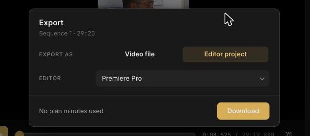 Export dialog with Editor project selected and Premiere Pro chosen as the editor