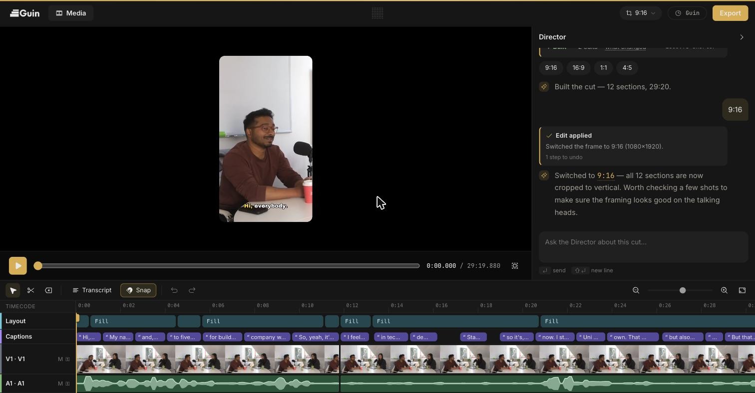 Guin Smart Editor showing a vertical video preview, a timeline with layout and caption tracks, and the Director chat panel