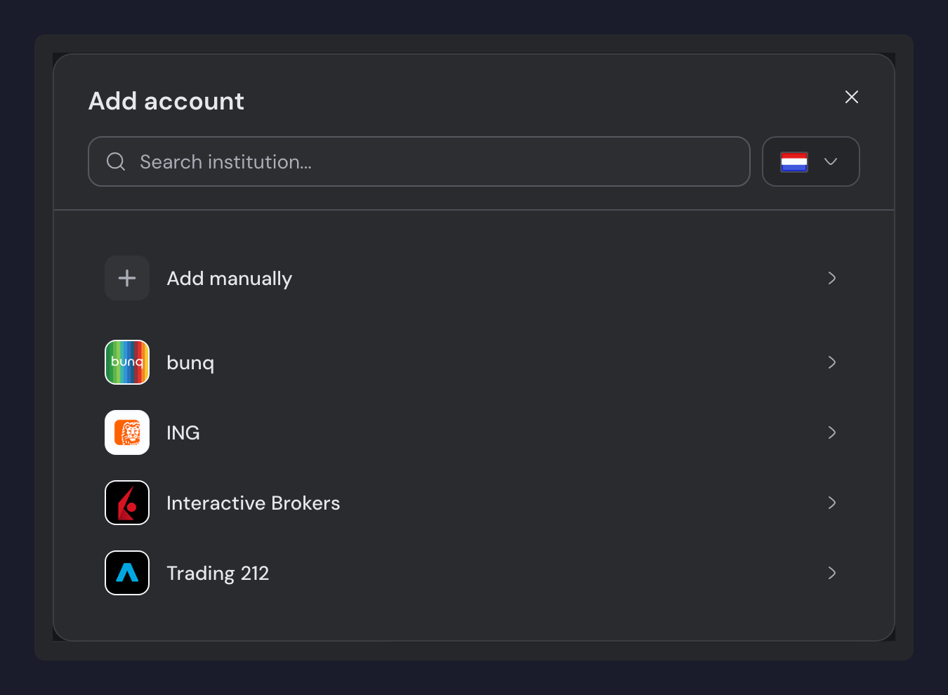 The Add account dialog, with the Search institution box, the country selector, the Add manually option and the Most popular list.