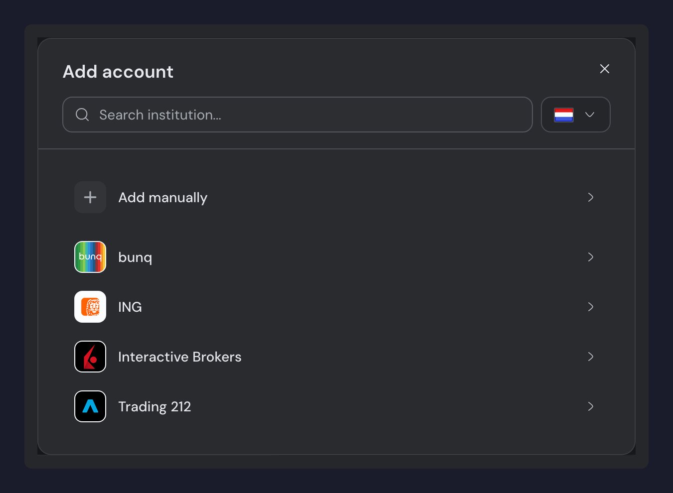 The Add account dialog, with the Search institution box, the country selector, the Add manually option and the Most popular list.