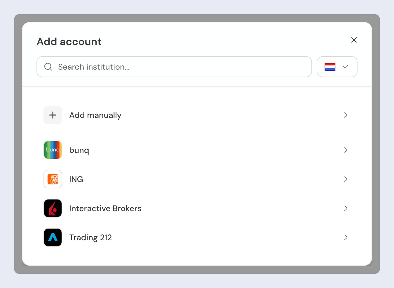The Add account dialog, with the Search institution box, the country selector, the Add manually option and the Most popular list.