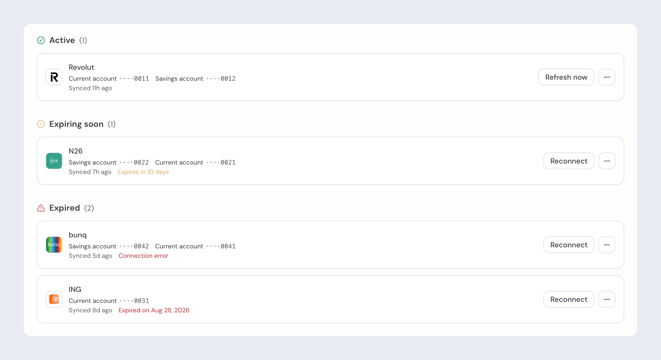 The Connections page grouped into Active, Expiring soon and Expired: Revolut offers Refresh now; N26, bunq and ING offer Reconnect, with Connection error and the expiry date in red.