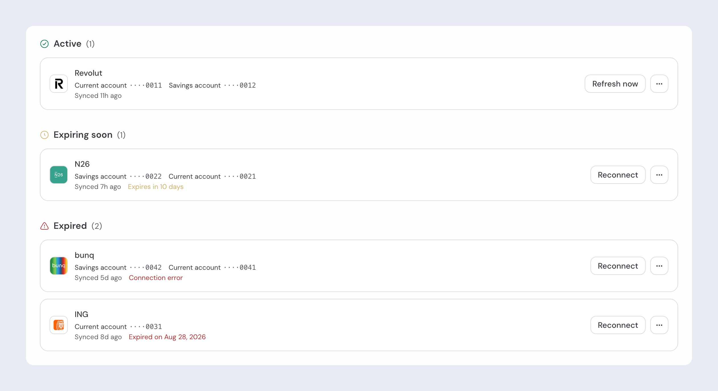 The Connections page grouped into Active, Expiring soon and Expired: Revolut offers Refresh now; N26, bunq and ING offer Reconnect, with Connection error and the expiry date in red.