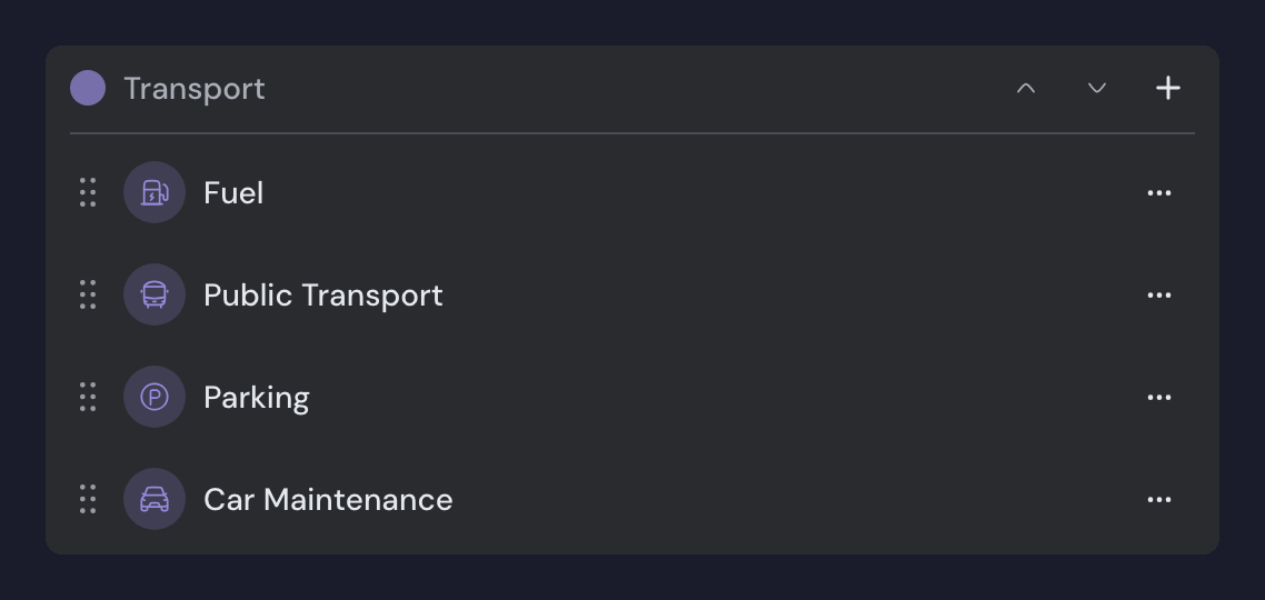 The Transport group in category settings, with the group's colour dot, the reorder and add buttons, and Fuel, Public Transport, Parking and Car Maintenance each with a ⋯ menu.