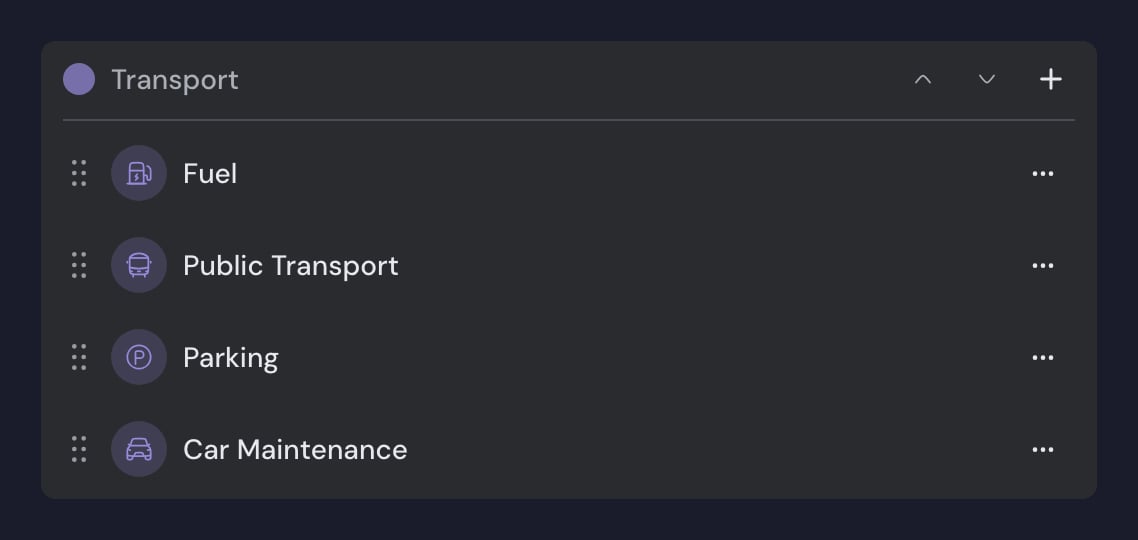 The Transport group in category settings, with the group's colour dot, the reorder and add buttons, and Fuel, Public Transport, Parking and Car Maintenance each with a ⋯ menu.