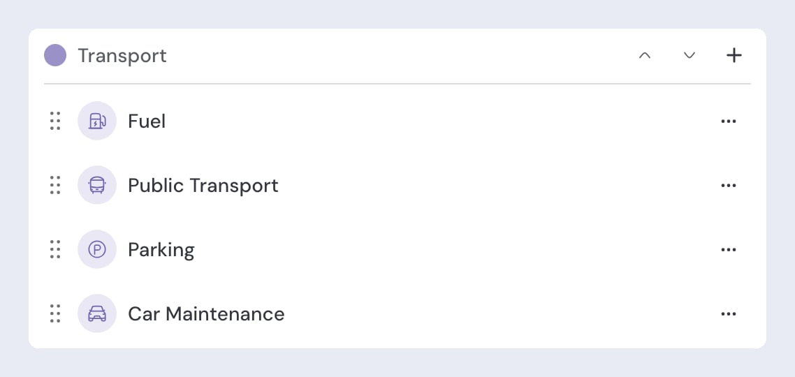 The Transport group in category settings, with the group's colour dot, the reorder and add buttons, and Fuel, Public Transport, Parking and Car Maintenance each with a ⋯ menu.