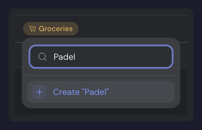 The category picker open over a transaction already tagged Groceries, with "Padel" typed in the search box and the Create "Padel" option below it.
