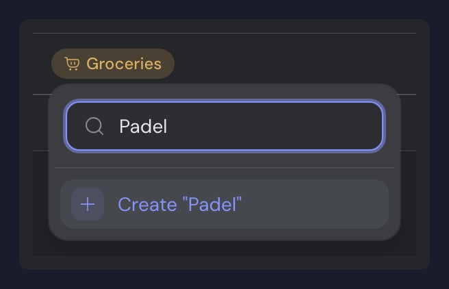 The category picker open over a transaction already tagged Groceries, with "Padel" typed in the search box and the Create "Padel" option below it.