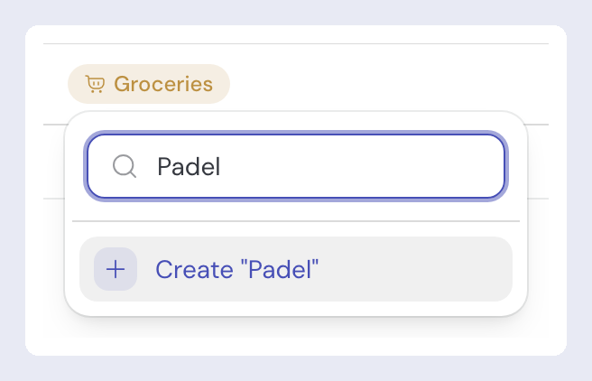 The category picker open over a transaction already tagged Groceries, with "Padel" typed in the search box and the Create "Padel" option below it.