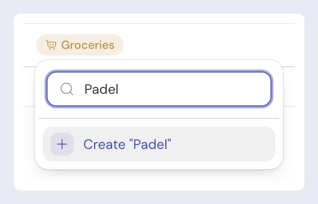 The category picker open over a transaction already tagged Groceries, with "Padel" typed in the search box and the Create "Padel" option below it.