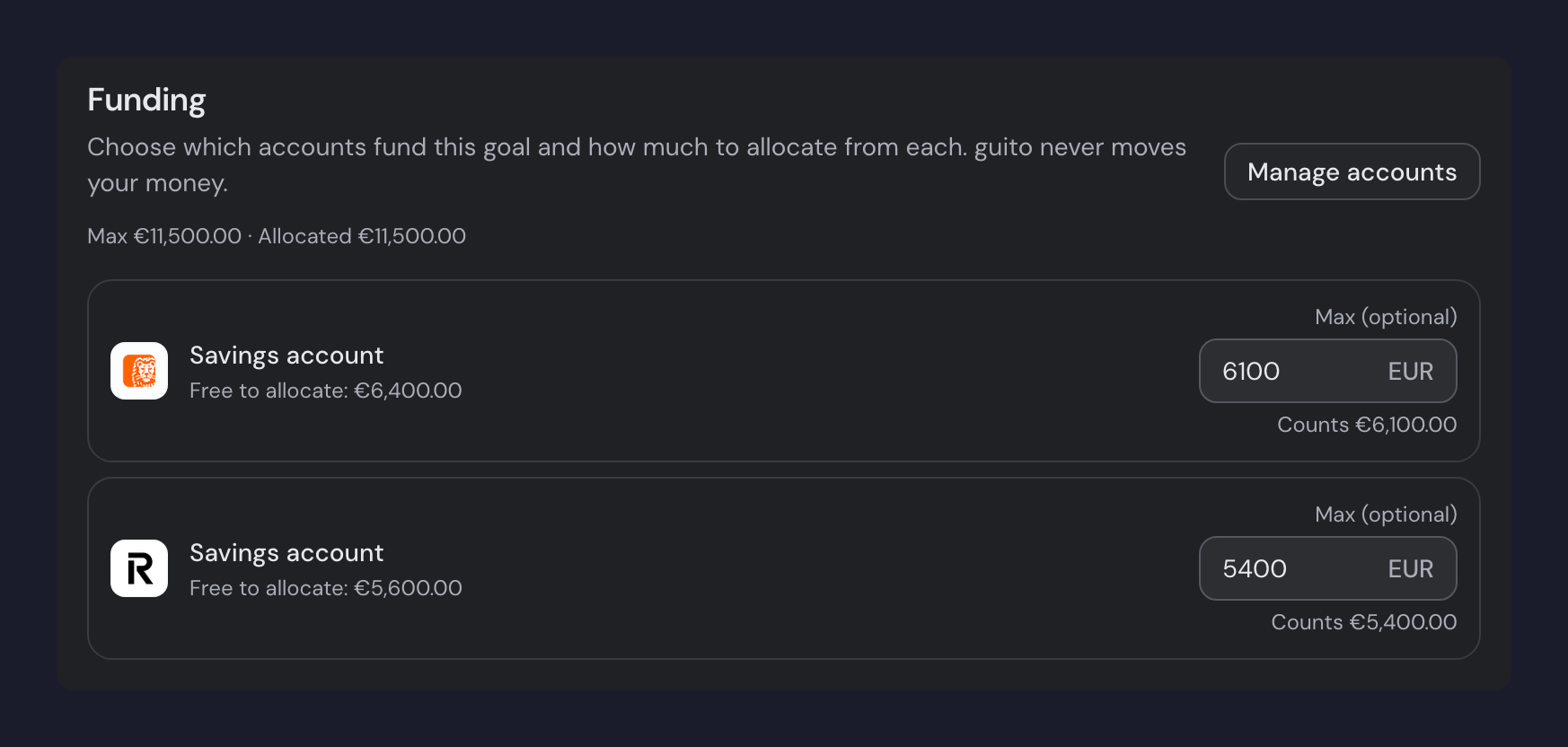 A goal's Funding section with two savings accounts, each showing what is free to allocate, a filled "Max (optional)" field, and the amount it counts today.