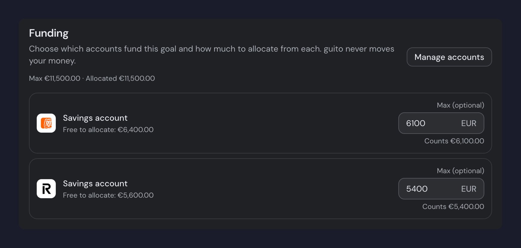 A goal's Funding section with two savings accounts, each showing what is free to allocate, a filled "Max (optional)" field, and the amount it counts today.