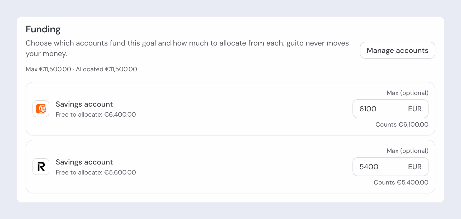 A goal's Funding section with two savings accounts, each showing what is free to allocate, a filled "Max (optional)" field, and the amount it counts today.