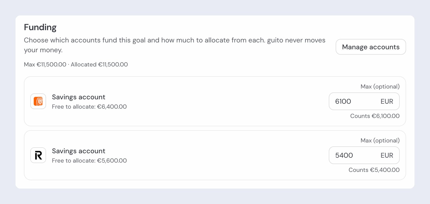 A goal's Funding section with two savings accounts, each showing what is free to allocate, a filled "Max (optional)" field, and the amount it counts today.