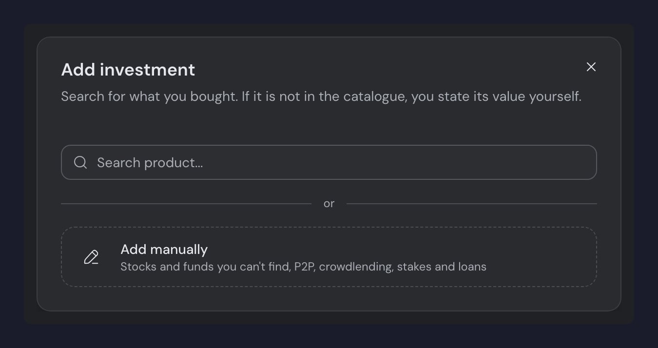 The Add investment window, open on the Search product… box with, below an "or" divider, the dashed Add manually card for P2P, crowdlending, stakes and loans.