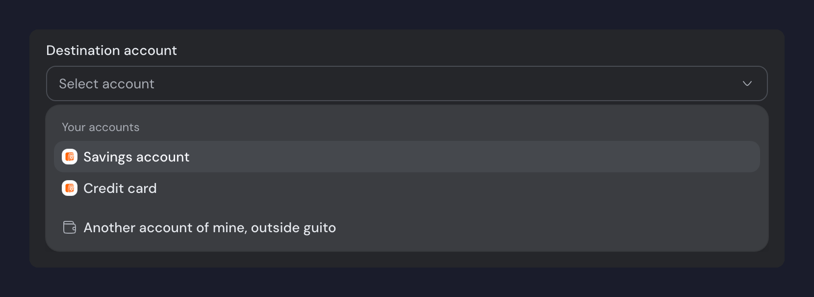 The Destination account field in a transaction's details, its list open on the Your accounts group — Savings account and Credit card — plus Another account of mine, outside guito.