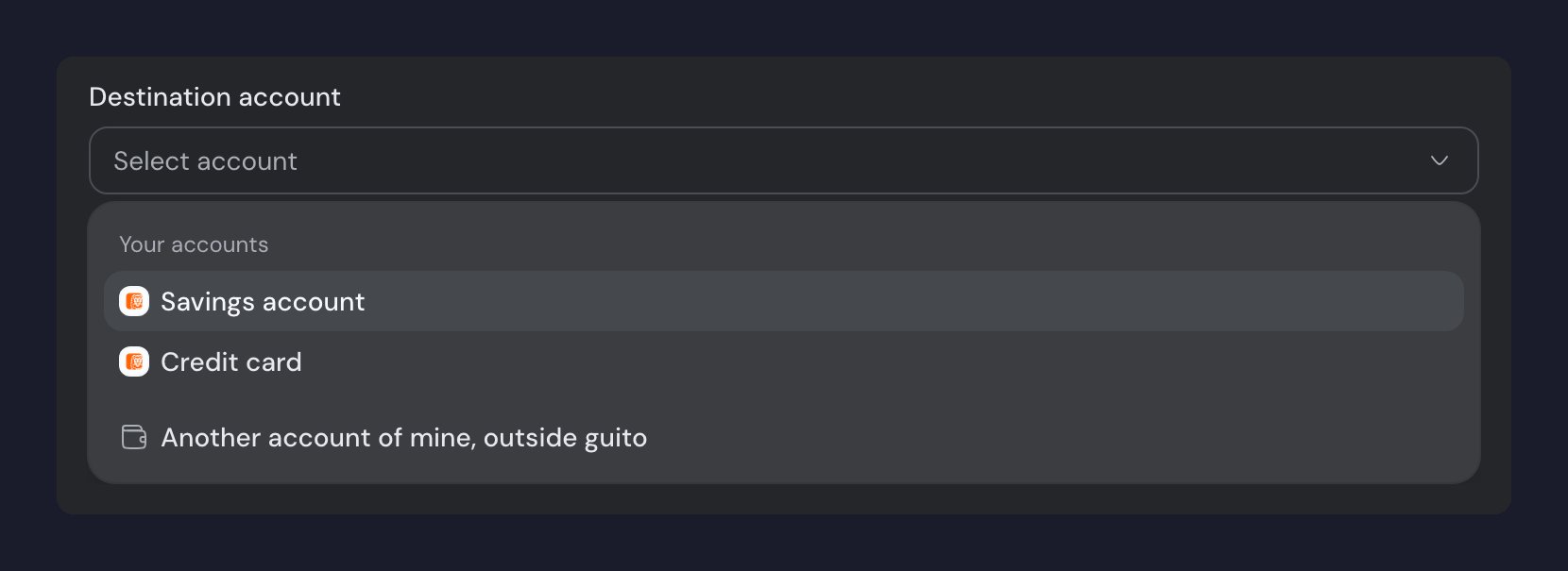 The Destination account field in a transaction's details, its list open on the Your accounts group — Savings account and Credit card — plus Another account of mine, outside guito.