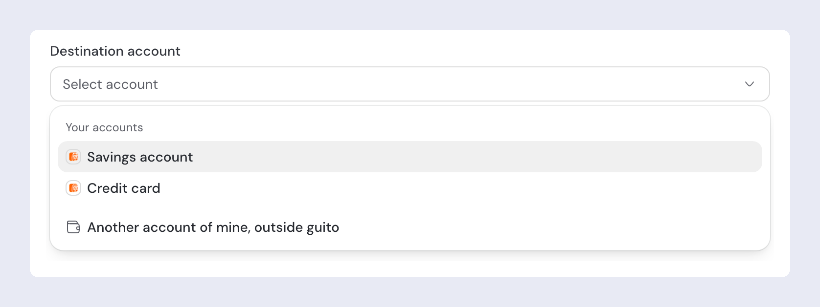 The Destination account field in a transaction's details, its list open on the Your accounts group — Savings account and Credit card — plus Another account of mine, outside guito.