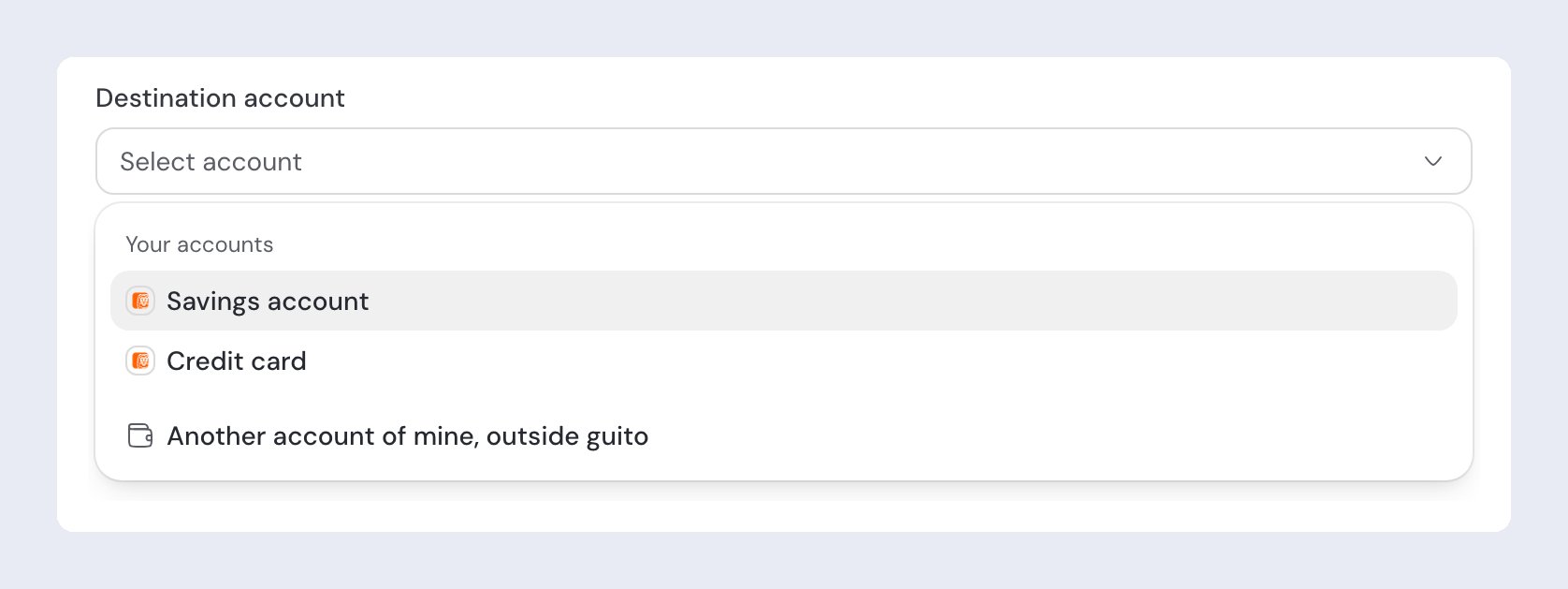 The Destination account field in a transaction's details, its list open on the Your accounts group — Savings account and Credit card — plus Another account of mine, outside guito.