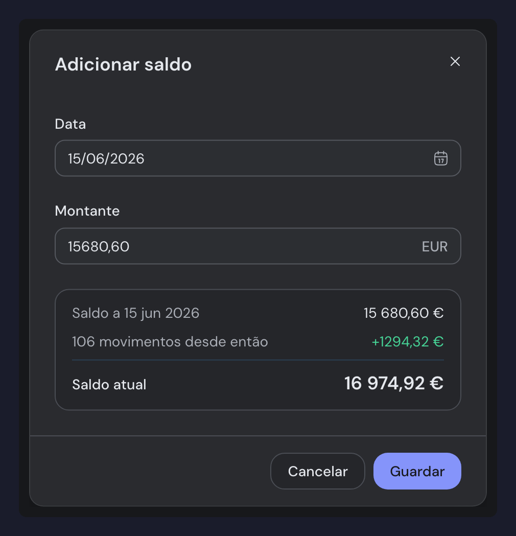 O diálogo Adicionar saldo, com a pré-visualização a mostrar o saldo na data escolhida, os movimentos desde então e o saldo atual