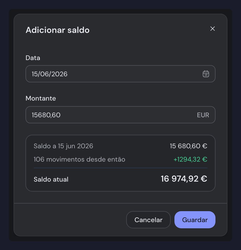 O diálogo Adicionar saldo, com a pré-visualização a mostrar o saldo na data escolhida, os movimentos desde então e o saldo atual
