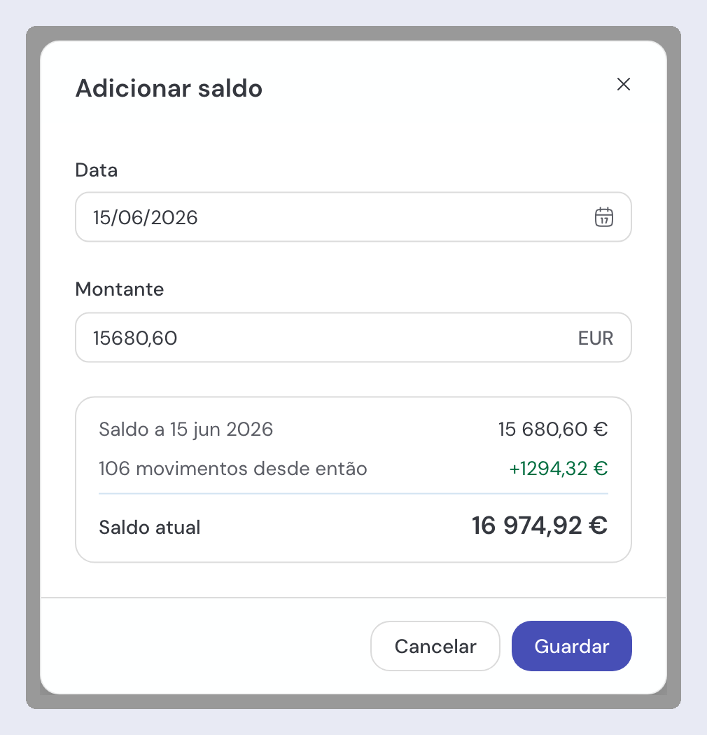 O diálogo Adicionar saldo, com a pré-visualização a mostrar o saldo na data escolhida, os movimentos desde então e o saldo atual