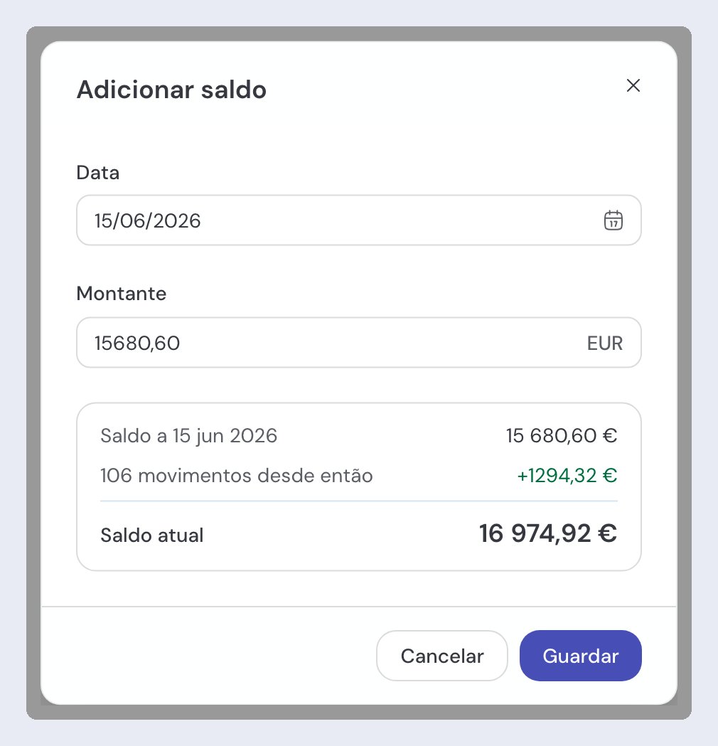 O diálogo Adicionar saldo, com a pré-visualização a mostrar o saldo na data escolhida, os movimentos desde então e o saldo atual