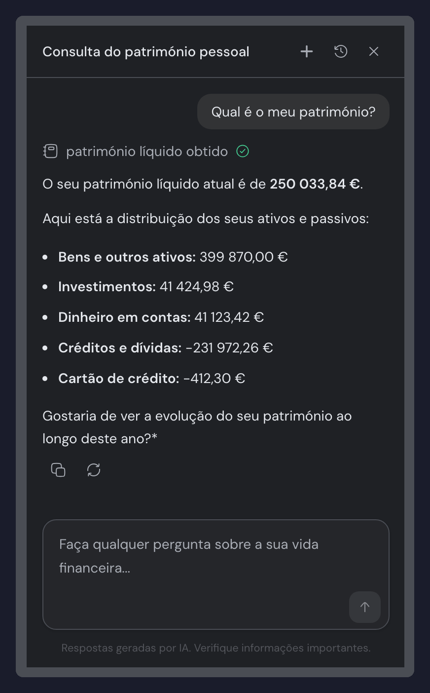 Painel do assistente de IA do guito, com a pergunta "Qual é o meu património?" e a resposta a repartir o património líquido em ativos e passivos