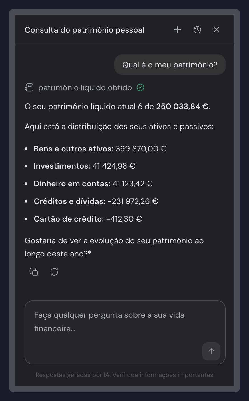 Painel do assistente de IA do guito, com a pergunta "Qual é o meu património?" e a resposta a repartir o património líquido em ativos e passivos