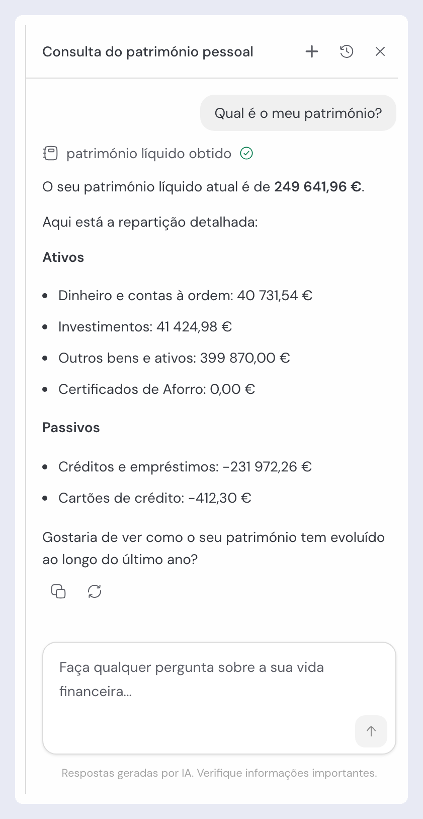 Painel do assistente de IA do guito, com a pergunta "Qual é o meu património?" e a resposta a repartir o património líquido em ativos e passivos