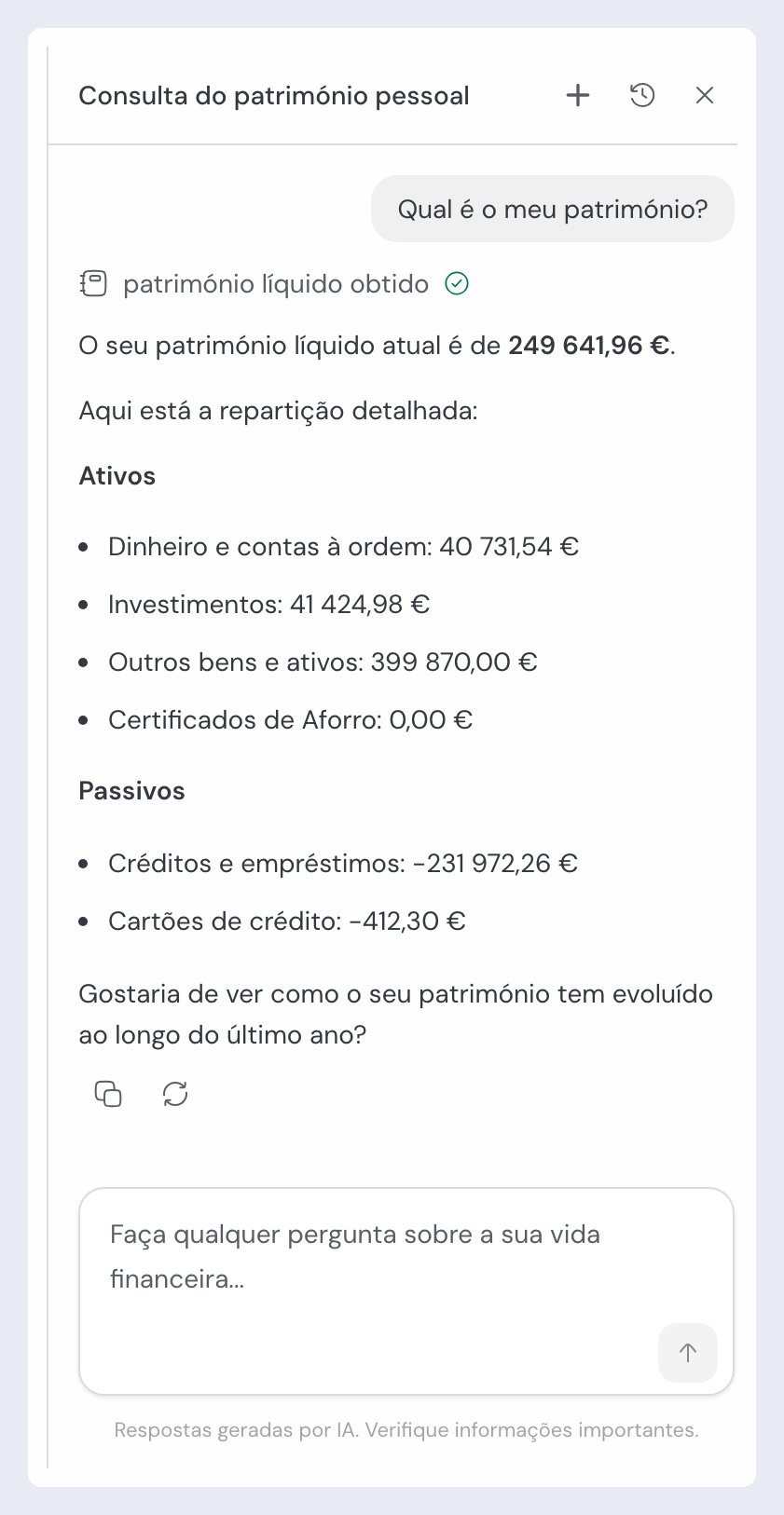 Painel do assistente de IA do guito, com a pergunta "Qual é o meu património?" e a resposta a repartir o património líquido em ativos e passivos