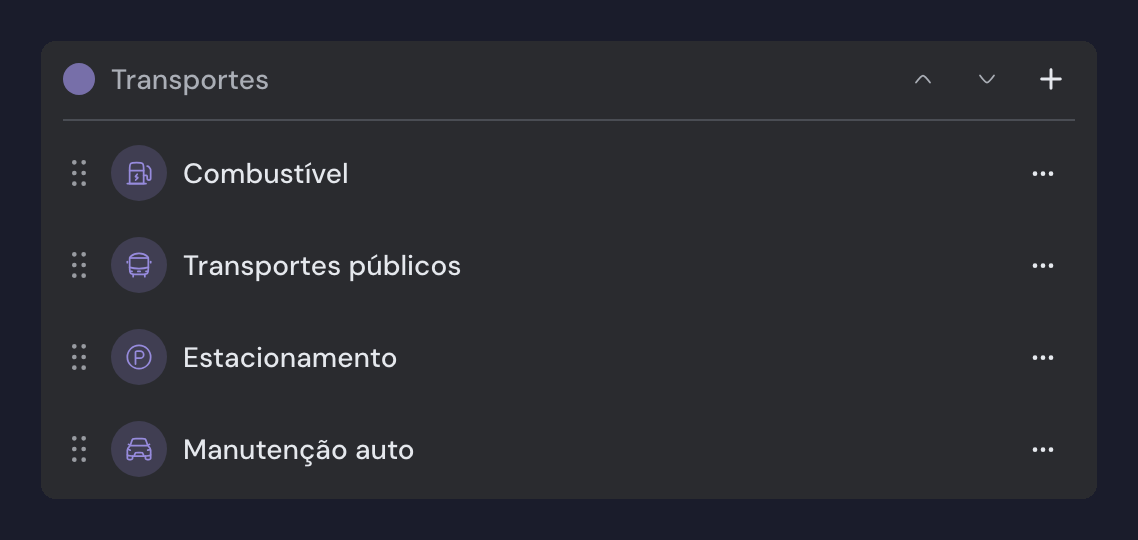 Um grupo de categorias nas definições, com o ponto de cor e o nome do grupo, os botões de ordenar e adicionar, e as categorias lá dentro com o menu ⋯ à direita