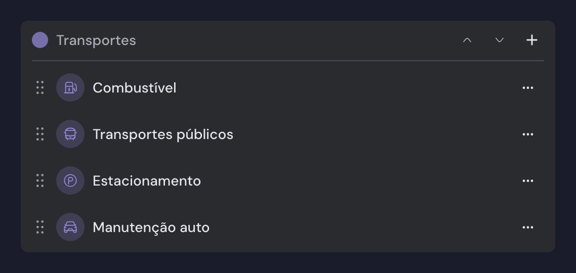 Um grupo de categorias nas definições, com o ponto de cor e o nome do grupo, os botões de ordenar e adicionar, e as categorias lá dentro com o menu ⋯ à direita