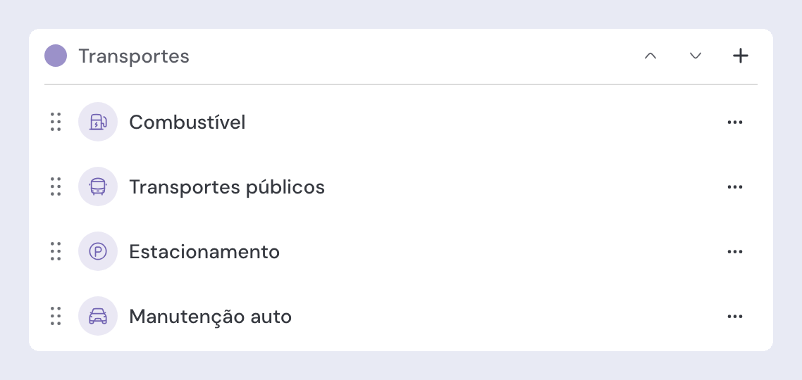 Um grupo de categorias nas definições, com o ponto de cor e o nome do grupo, os botões de ordenar e adicionar, e as categorias lá dentro com o menu ⋯ à direita