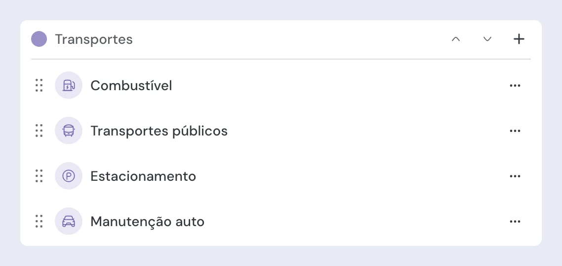 Um grupo de categorias nas definições, com o ponto de cor e o nome do grupo, os botões de ordenar e adicionar, e as categorias lá dentro com o menu ⋯ à direita