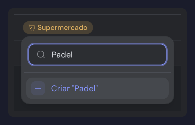 O seletor de categorias aberto sobre um movimento, com "Padel" escrito na caixa de procura e a opção Criar "Padel" no fim da lista