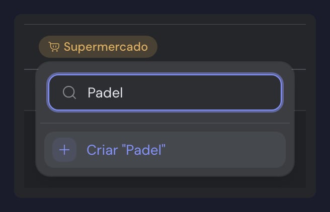 O seletor de categorias aberto sobre um movimento, com "Padel" escrito na caixa de procura e a opção Criar "Padel" no fim da lista