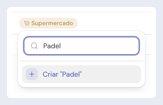 O seletor de categorias aberto sobre um movimento, com "Padel" escrito na caixa de procura e a opção Criar "Padel" no fim da lista