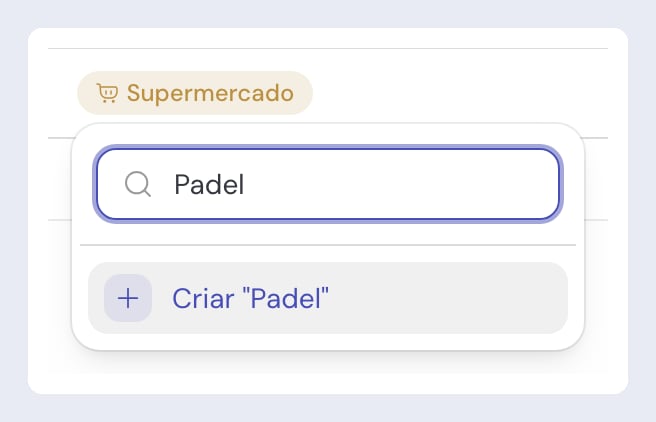 O seletor de categorias aberto sobre um movimento, com "Padel" escrito na caixa de procura e a opção Criar "Padel" no fim da lista